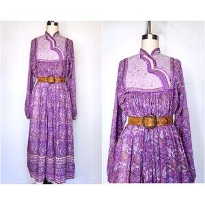 70s Indian Dress Cotton Quilted Details Purple Block Print Floral XS - S
